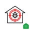 Pest control logo. Roach bug with round aim symbol in a house silhouette.