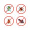 Pest Control Prohibition Signs or Icons with Beetle, Cockroach, Rat or Mouse Wand, Fly and Tick in Crossed Red Circles