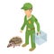 Pest management icon isometric vector. Sanitary worker with cage catche hedgehog