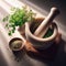 Pestle and mortar filled with fresh herbs, with an array of herbs and spices surrounding