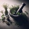 Pestle and mortar filled with fresh herbs, with an array of herbs and spices surrounding