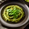 pesto alla genovese served on plate ingredients parmesan basil pine nuts