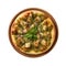 Pesto Chicken Pizza On Round Wooden Board Plate On White Background Directly Above View