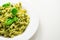 Pesto and pine nut pasta salad, fusilli pasta with regato cheese and baby spinach coated in basil pesto