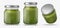 Pesto sauce in glass jars realistic vector set