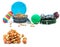 Pet accessories concept. Dry food, collars and rubber toys