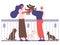 Pet adoption. People adopting dog from pet shelter, happy new owners hugging puppy. Animal adoption isolated vector