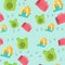 Pet beds seamless pattern. Collection of pets elements. Various pet supplies.