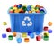 PET bottle caps in blue recycle crate