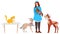 Pet care center, woman volunteer in veterinary clinic or animal shelter with dogs, people vector illustration