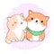 Pet Care concept. Cute fat cartoon cat and dog in kawaii style. Lovely friends puppy and kitty together. Love and friendship.