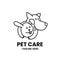 Pet Care logo design template. Abstract hugging dog and rabbit in outline style.