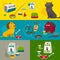 Pet care object compositions, vector cartoon illustration, cat dog food and stuff