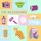 Pet care supplies banner vector illustration. Ginger kitten and cat accessories food, toys and carrier, toilet and