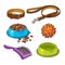 Pet, cat, dog accessories - bowl, collar, leash, rubber ball, hairbrush