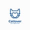 Pet cat lover logo outline monoline cat face with amour shape icon logo