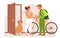 Pet food delivery service, deliveryman with bicycle giving bag with dog products to woman