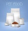 Pet food realistic vector packaging and feed bowl