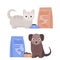 Pet food vector illustration. Cartoon happy dog and cat sitting with full bowl of dry food and food packages.