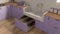 Pet friendly laundry room, close up, mudroom in purple tones with cabinets and dog bath shower with tiles and accessories, ladder