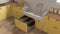 Pet friendly laundry room, close up, mudroom in yellow tones with cabinets and dog bath shower with tiles and accessories, ladder