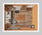 Pet friendly modern orange and wooden laundry room, mudroom with cabinets, shelves and equipment. Dog shower bath with ladder, dog