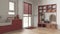 Pet friendly mudroom, laundry room, cabinets and shelves in red and wooden tones. Dog bath shower with mosaic tiles and