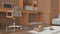 Pet friendly orange and wooden corner office, desk with chair, bookshelf and dog bed with pillow and gate. Bookshelf and carpet