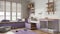 Pet friendly scandinavian purple and wooden mudroom, laundry room, space with dog shower bath with ladder, dog bed and carpet,