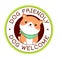 Pet friendly vector label. Stamp or sticker with dog friendly text. Kawaii shiba inu puppy inside circle. Vet clinic, shop label,