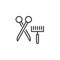 Pet grooming brush and scissors line icon