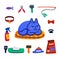 Pet grooming concept. Cute sleeping cat and Set of Cats accessories. Pet shop stuff, care, grooming, hygiene, health