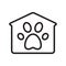 Pet house with paw print icon. Linear logo. Black simple illustration. Contour isolated vector image on white background. Symbol