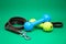 Pet leashes with rubber toy and pet supplies for dog or cat concept