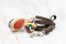 Pet leather leashes, brush and rubber toy