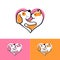 Pet logo dog and cat hugging in a heart shape. vector illustration