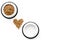 Pet love with dry food for pet - cat in plastic bowl and heart print on white background top view space for text