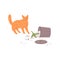 Pet mess and clutter vector flat illustration, overturned trash can, scattered garbage, naughty ginger cat bad behavior