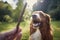 Pet owner holding treat for his dog