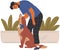 Pet owner male character plays with dog strokes his fur with hand. Caring for four-footed friend