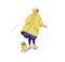 Pet owner walking with cute dog in rain. Woman and funny puppy in raincoats in rainy weather. Person and doggy in shower