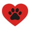 Pet paw love logo. Animal footprint with heart silhouette around.