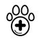 The pet paw and plus sign simple vector icon. Black and white illustration of veterinary hospital. Outline linear icon.