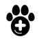 The pet paw and plus sign simple vector icon. Black and white illustration of veterinary hospital. Solid linear icon.