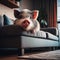 Pet pig relaxes on sofa in living room