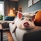 Pet pig relaxes on sofa in living room