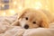 pet portrait, happy dog lay down on comfort soft and warm bed