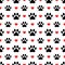 Pet prints. Paw seamless pattern. Cute background for pets, dog or cat. Foot puppy. Black silhouette shape paw and red heart. Foot