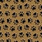 Pet prints. Paw seamless pattern. Gold background for pets, dog or cat. Foot puppy. Shape paw. Footprint pet. Animal track paw. Tr