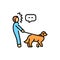 Pet pulls the leash color line icon. Dog training.